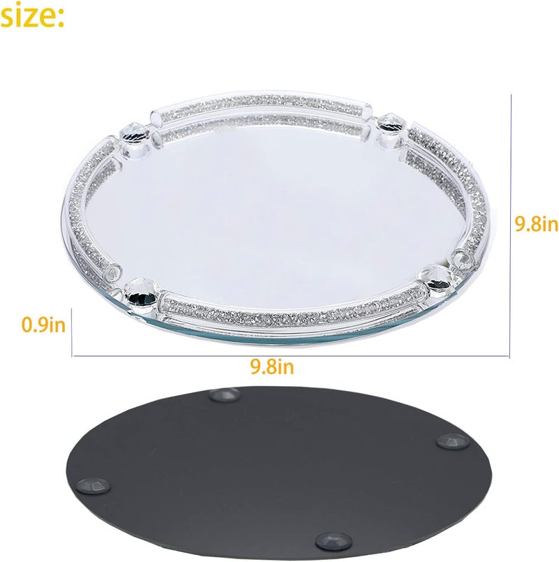 LFGKeng Crystal Dresser Tray, Mirror Glass Makeup Vanity Organizer Filled Crushed Diamond, 10" x 10" Round Jewelry Trinket Perfume Tray for Bathroom Bedroom, Home Decor, Hotel Banquet, Party (Silver) - Image 3
